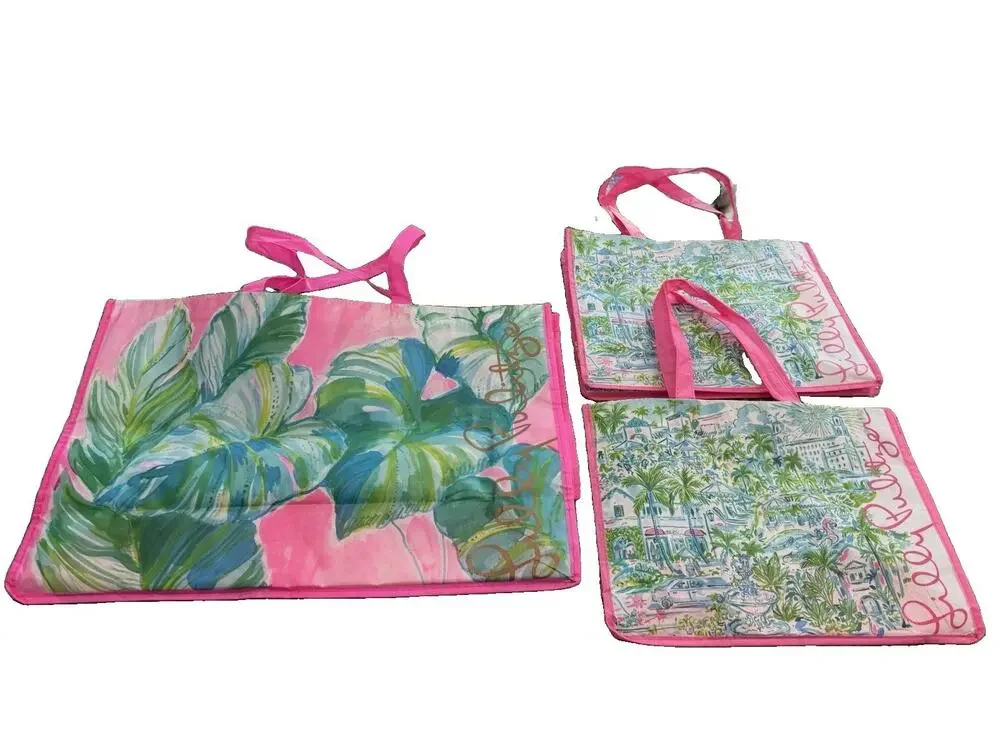 Lilly Pulitzer Reusable Shopping Tote Bags Floral Large 14x22 + 2 Small Bags